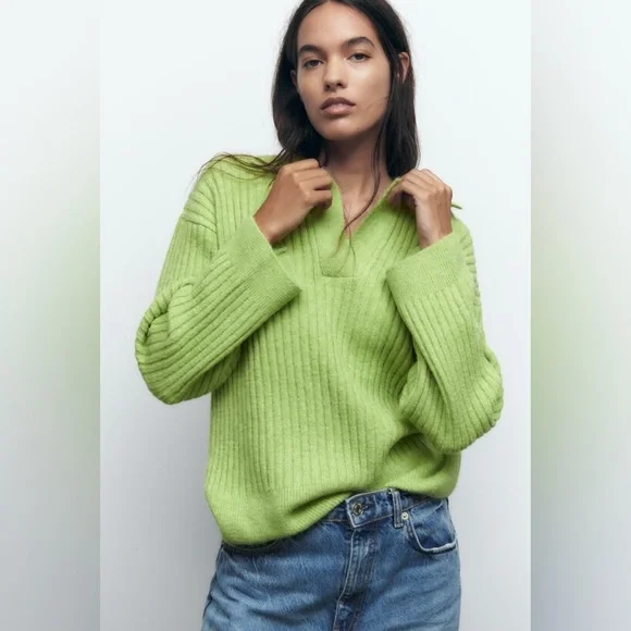 Zara sweater oversize cozy cardigan vneck ribbed collar - Picture 8 of 10